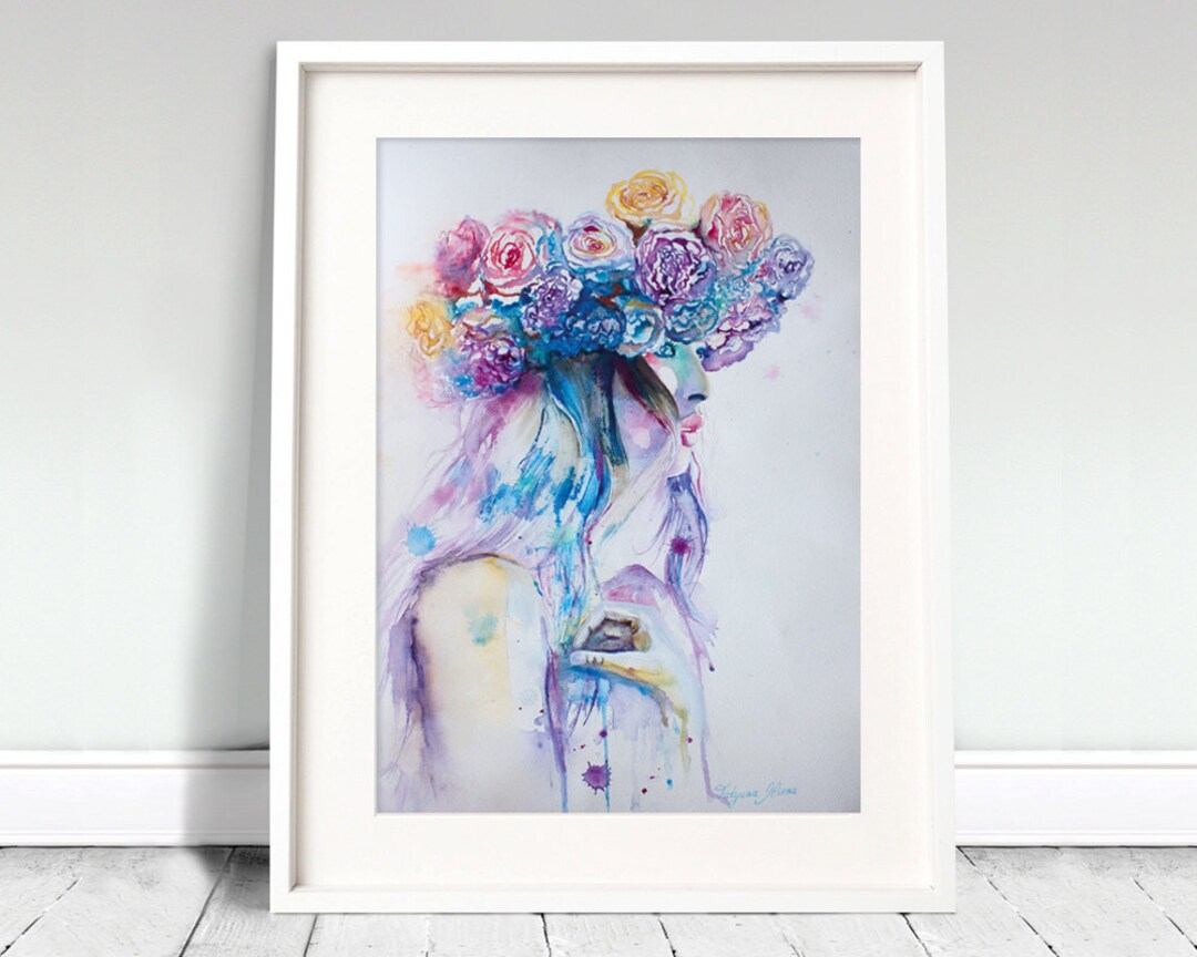 Watercolor Print. Wall Art Portrait of Beautiful Girl. Digital Print ...