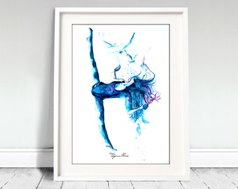 Ballerina watercolor art print. Wall art, wall decor, digital print. Come Fly Withe Me. Ballerina with flying birds in her hair. Gift. Art.