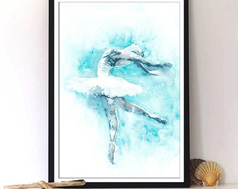 Watercolor Print. Ballerina art print in blue. Wall art, wall decor, digital print. Watelcolor print, Ballerina painting, Ballerina art,