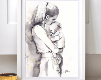 Original Watercolor Painting. Portrait of young lady with her baby. The Mother.