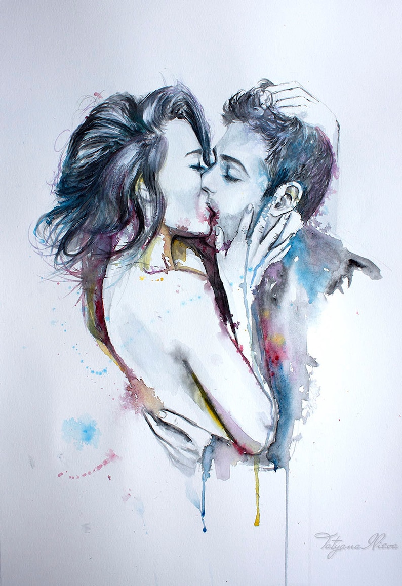 Couple portrait watercolor art print. Wall art, wall decor, digital print. Rush. Love passion image 2