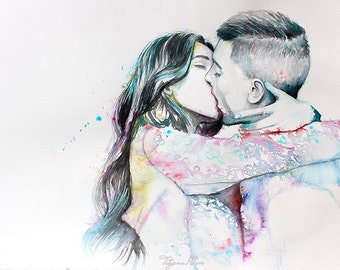 Couple portrait watercolor art print. Wall art, wall decor, digital print. With You . Love passion