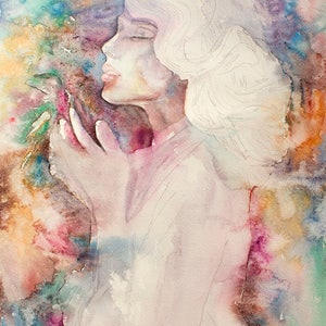 Original Watercolor Painting, Portrait of young lady with a bird in her hands, The Mother. Woman, Love, Original, Wall art, Wall decor image 1