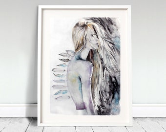 Original watercolor painting. Lady with feathering. Girl portrait. Wall art, Home art, Fashion, Art, Woman. Portrait of beautiful girl.