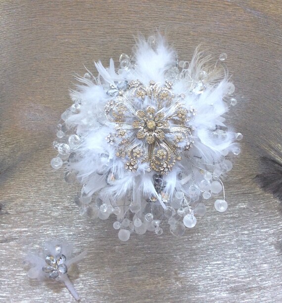 Superbe Blanc Et Argent Broche Bouquet Bouquet De Mariée