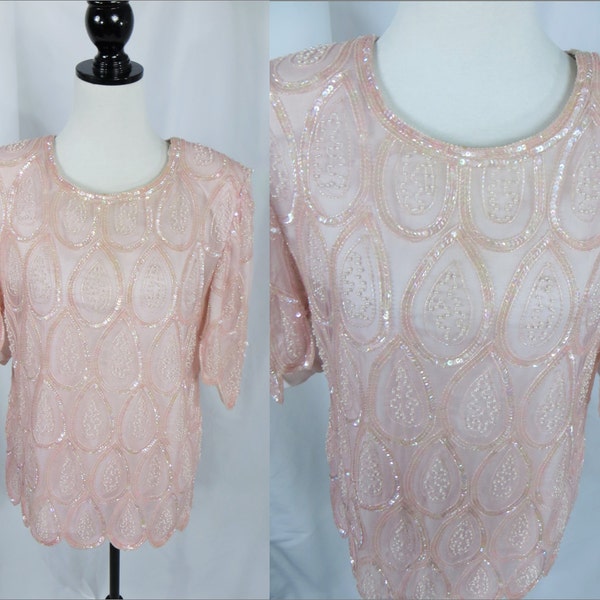 Top, Rosa Bluse, Perlen 20er Jahre Stil, Womens Bluse, Womens Shirt, Womens Glasperlen Pullover, rosa Perlen Tops, Womens formale Shirt, Vintage Bluse