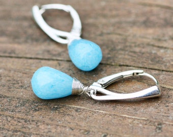 Natural Blue Agate Earrings Sterling Silver , Healing Gem , Wire Wrapped , From Canada , Pregnancy Protection