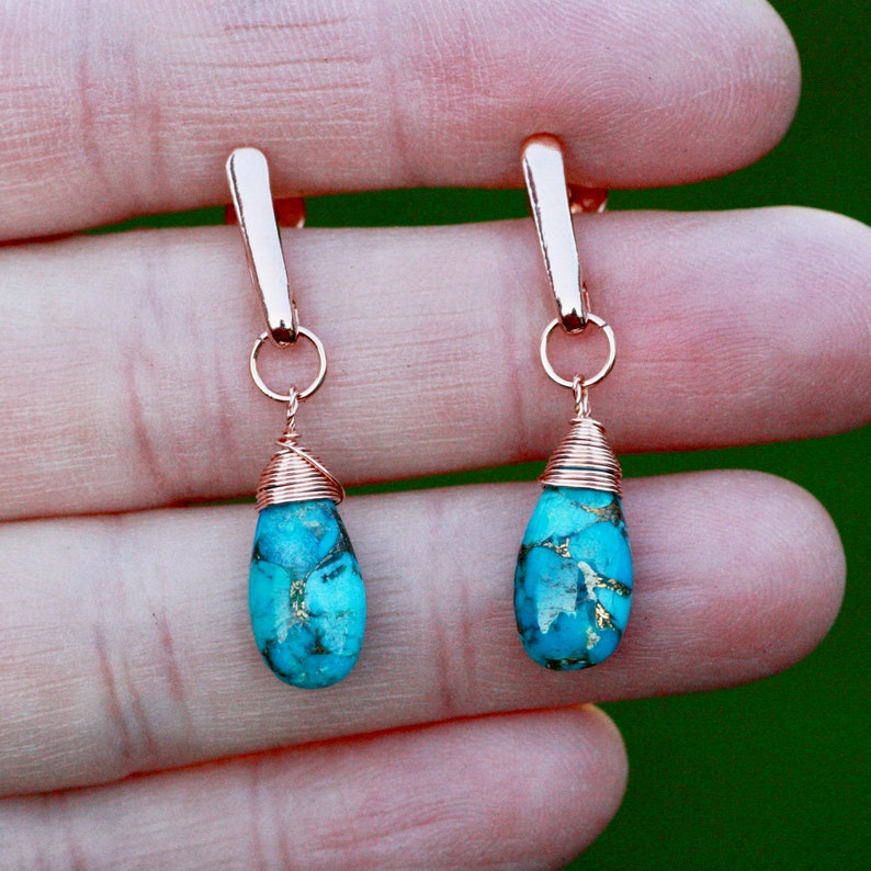11th Anniversary Copper Infused Natural Turquoise Wire Wrapped Earrings 14K Rose Gold Filled December Birthstone Healing Gem