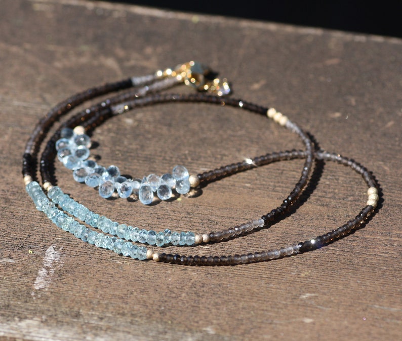 Natural shops Smokey Quartz Aquamarine Topaz Wrap Bracelet Long Necklace 14k Yellow Gold Filled