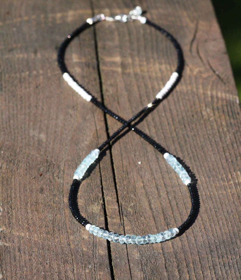 March Birthstone 7th 18th 19th Anniversary Natural Black Spinel Aquamarine Wrap Bracelet Long Necklace Sterling Silver 925