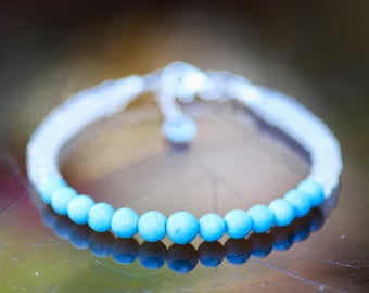 Natural Moonstone Turquoise Bracelet Sterling Silver, June December Birthstones , 7.28" - 7.8"