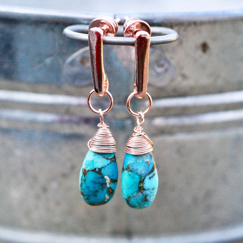 11th Anniversary Copper Infused Natural Turquoise Wire Wrapped Earrings 14K Rose Gold Filled December Birthstone Healing Gem