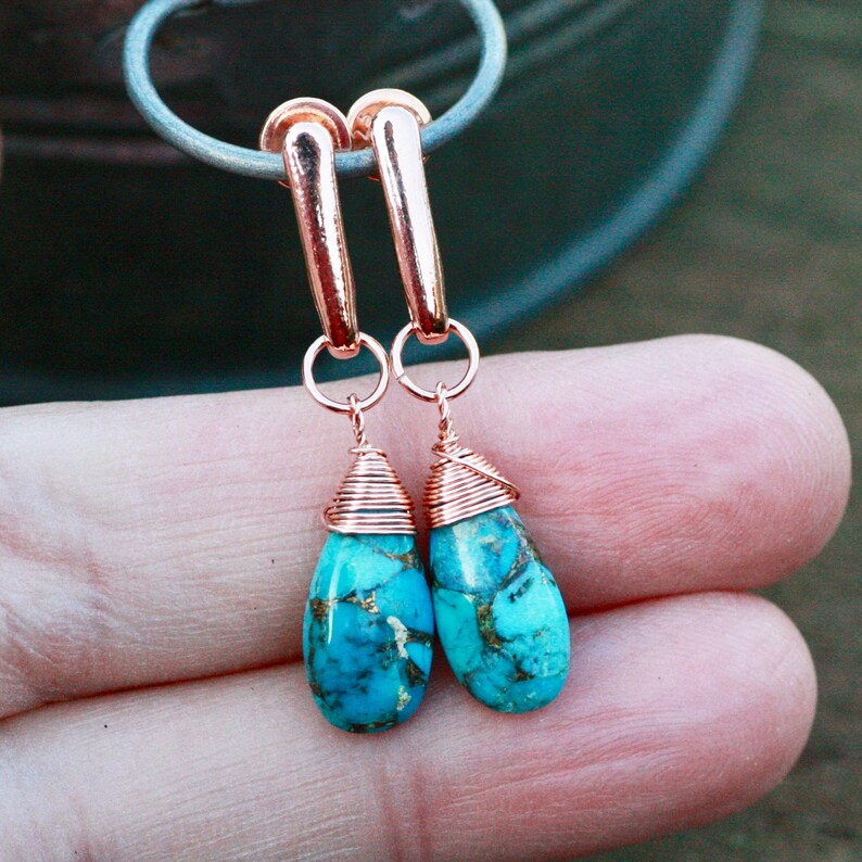 11th Anniversary Copper Infused Natural Turquoise Wire Wrapped Earrings 14K Rose Gold Filled December Birthstone Healing Gem