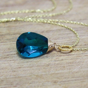 Pear Paraiba Teal Tourmaline Gem Briolette Dangle Pendant 14K Yellow Gold Filled , No Chain