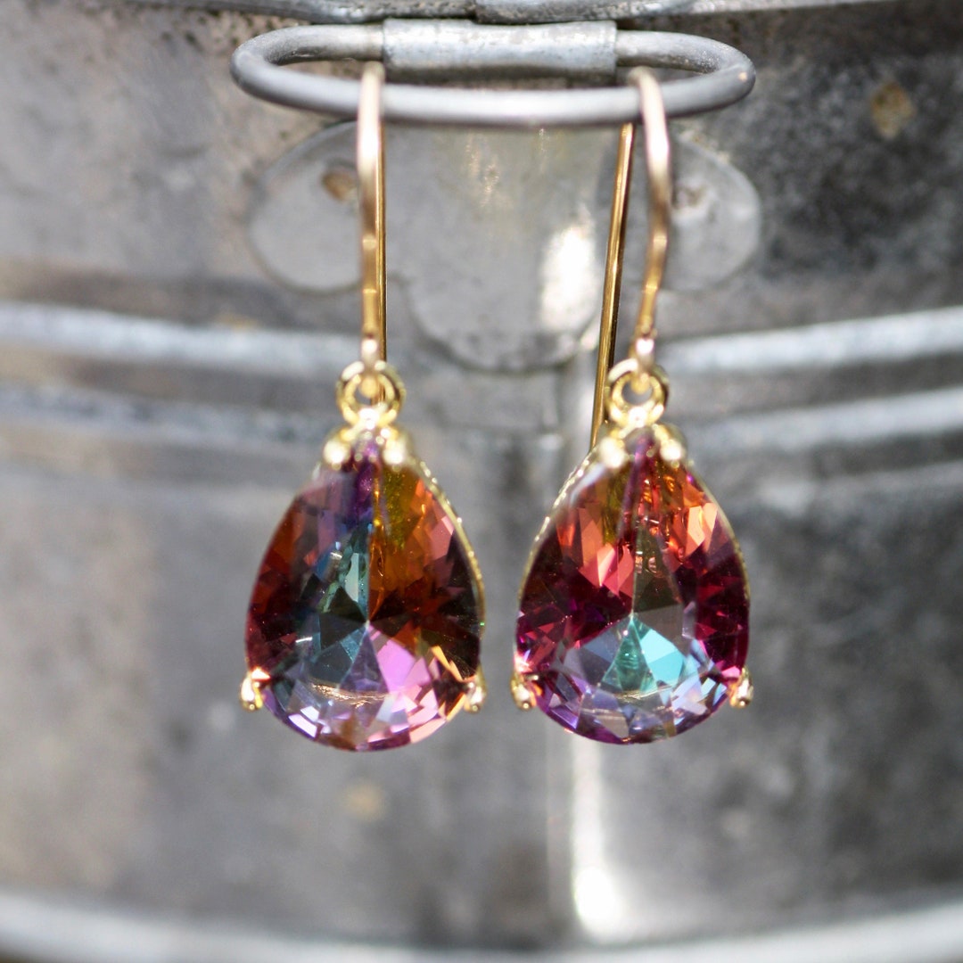 Mystic Rainbow Quartz Earrings 14k Gold Filled , Hooks , Wedding , From