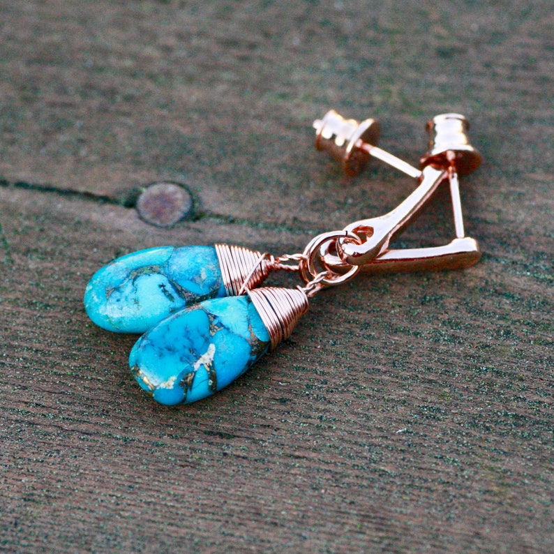 11th Anniversary Copper Infused Natural Turquoise Wire Wrapped Earrings 14K Rose Gold Filled December Birthstone Healing Gem