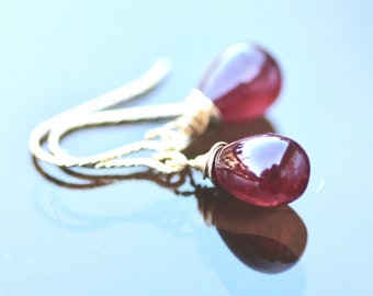 Small Natural Smooth Ruby Earrings 14k Gold Filled Wire Wrapped , July Birthstone , 40th Anniversary