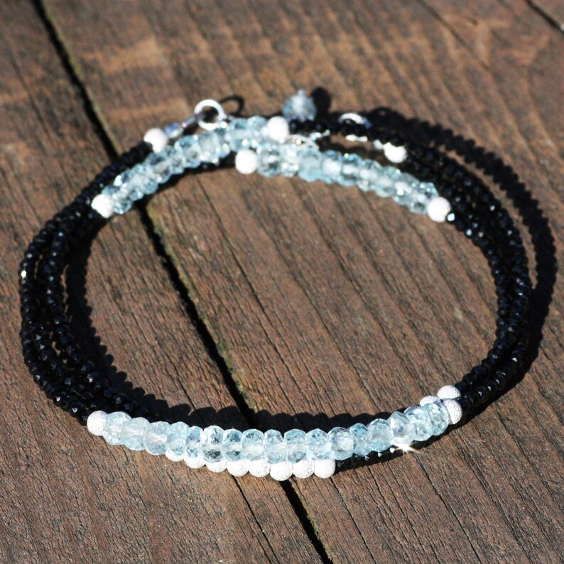 March Birthstone 7th 18th 19th Anniversary Natural Black Spinel Aquamarine Wrap Bracelet Long Necklace Sterling Silver 925