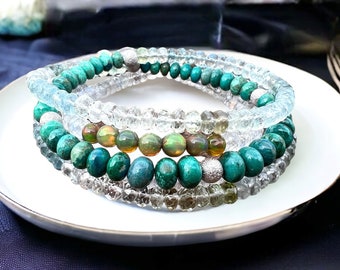 Natural Chrysocolla, Aquamarine, Moonstone Wrap Bracelet Necklace 14k White Gold 585 , 35.4" - 36.4"