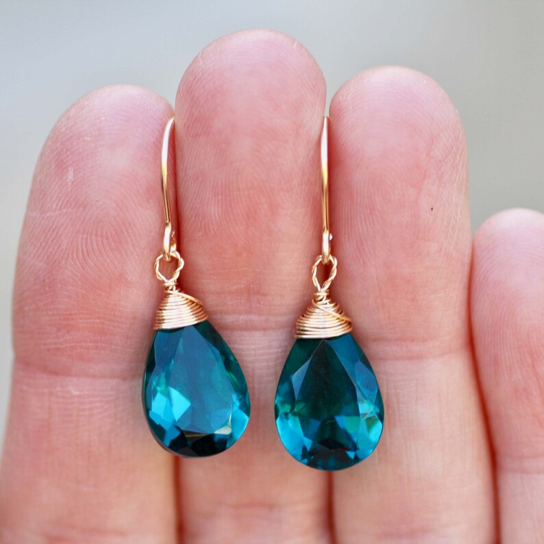 Paraiba Teal Tourmaline Drop Gemstone Earrings 14k Yellow Gold Etsy