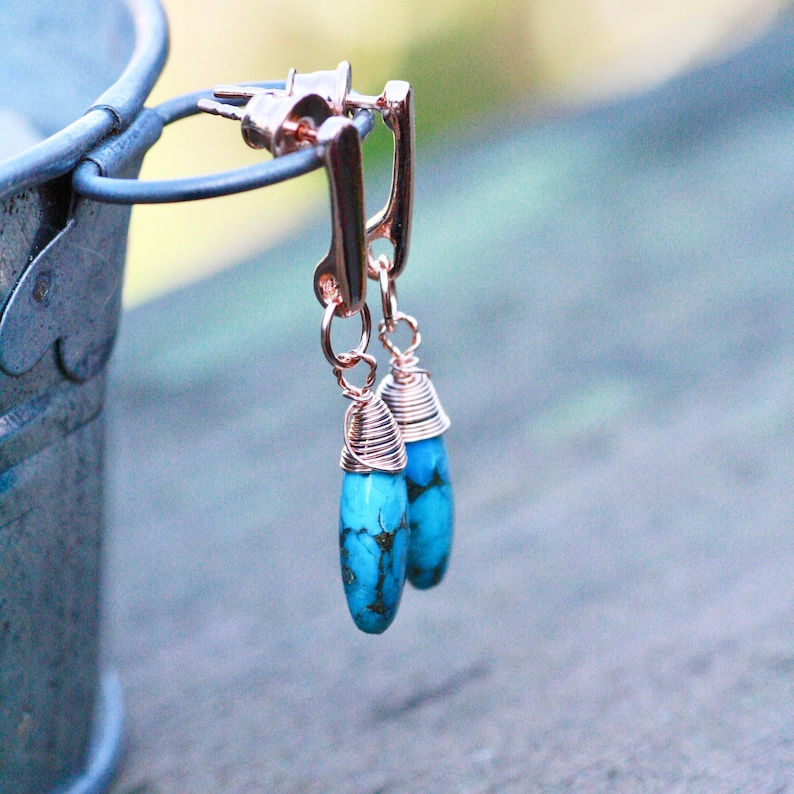 11th Anniversary Copper Infused Natural Turquoise Wire Wrapped Earrings 14K Rose Gold Filled December Birthstone Healing Gem