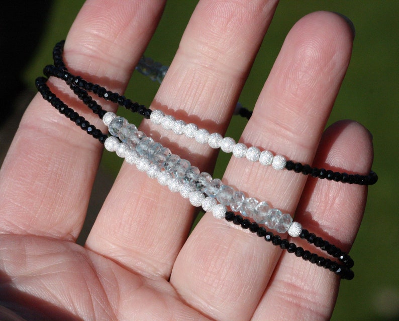 March Birthstone 7th 18th 19th Anniversary Natural Black Spinel Aquamarine Wrap Bracelet Long Necklace Sterling Silver 925