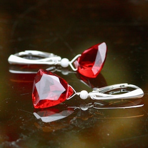 Drop Ruby Earrings Sterling Silver 925 , European Hinges , July Birthstone, 40th Anniversary