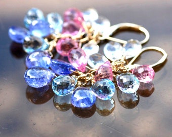 Natural Blue Pink Topaz Tanzanite Earrings Solid 14K Yellow Gold , Cascade