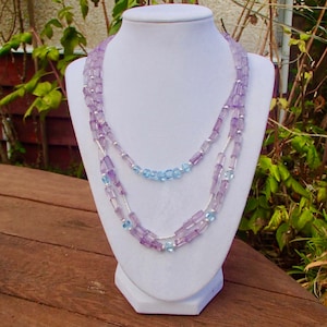 Lovely Triple Strand Natural Earth Mined Amethyst and Blue Topaz Necklace in Sterling Silver