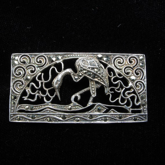 Vintage Sterling Silver Rectangular Marcasite Bro… - image 1