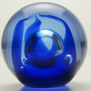 Vintage Blue Paperweight With Large Bubbles And Cobalt Swirls