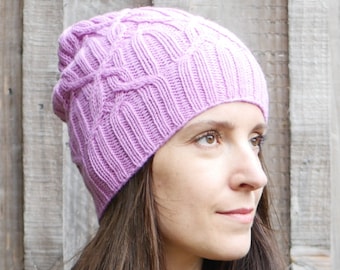 Hand Knit Wool Cable Slouchy Beanie - Women's Pink Hat