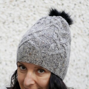 Faux fur pompon Knit Beanie - Women&#39;s Wool hat - Aran Hat - Knitted Winter Hat - Ski Hat - Chunky Beanie - Women&#39;s Winter Hat