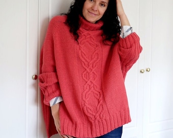 Hand Knit Alpaca Poncho with Sleeves - Aran Style Sweater
