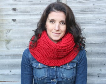 Handmade Red Wool Knit Snood: Chunky Infinity Scarf