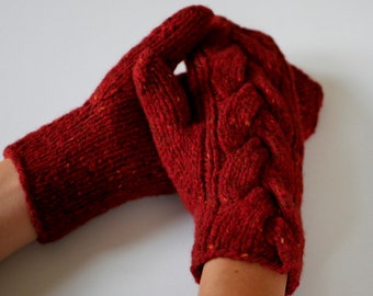 Knit Mittens - Winter Mittens - Red Mittens - Merino Mittens - Braided Mittens