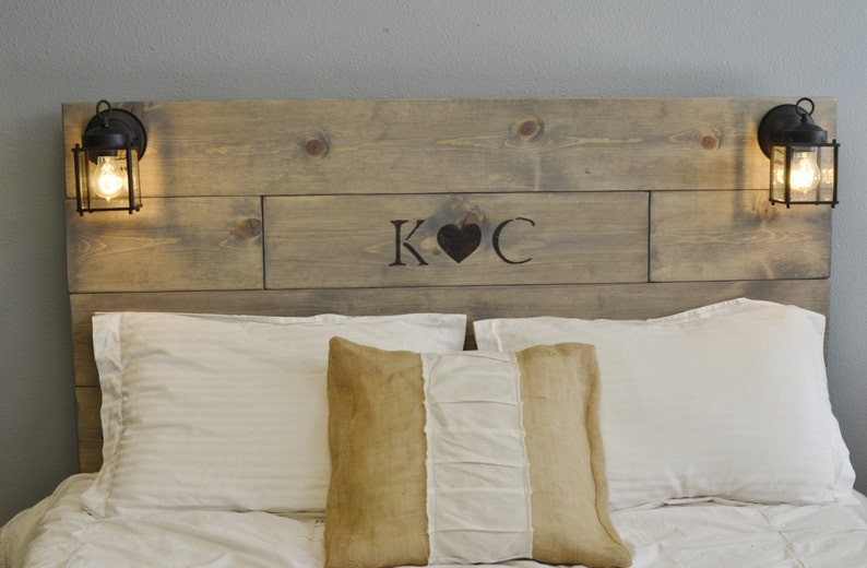 Rustic Wood Headboard With Custom Engraved Initials And Image 0
