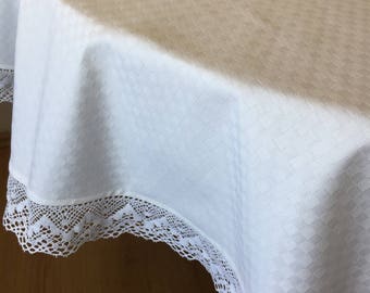 Round Tablecloth 64 inches White Lace Jacquard Checks