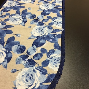 Table Runner Oval Table Linen Blue Roses Pattern Linen Lace Cotton Table Runner Linen Lace