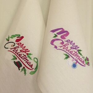 Merry Christmas embroidered towel set of 2 Linen tea towel for her and him White kitchen towel Hand towel Christmas gift