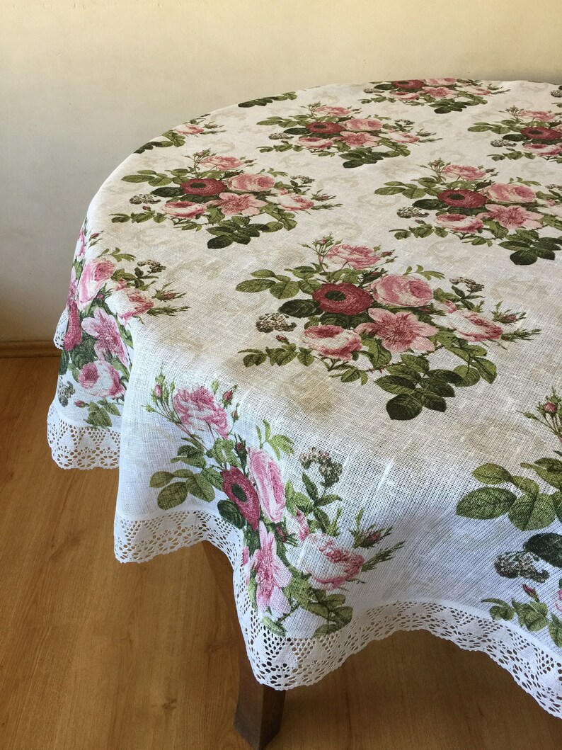 Round Linen Tablecloth With Linen Lace Floral Tablecloth Roses