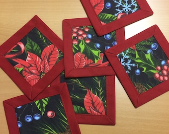 Mug Rug Poinsettia On Black Pattern Coasters Cotton Fabric Coasters 2 Layer Christmas Coasters