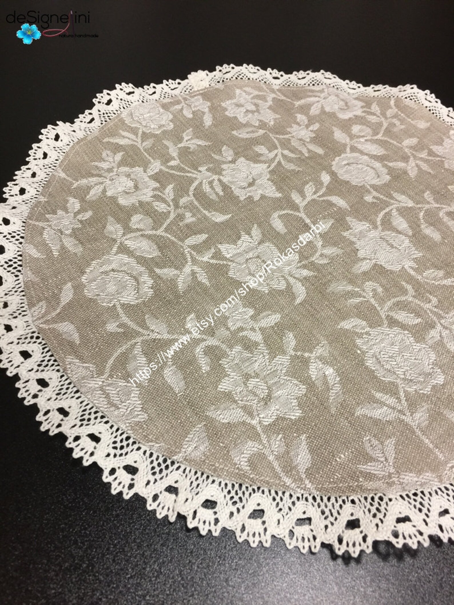 Round Linen Placemats Lace Floral Table Mats Set 2 Jacquard Etsy