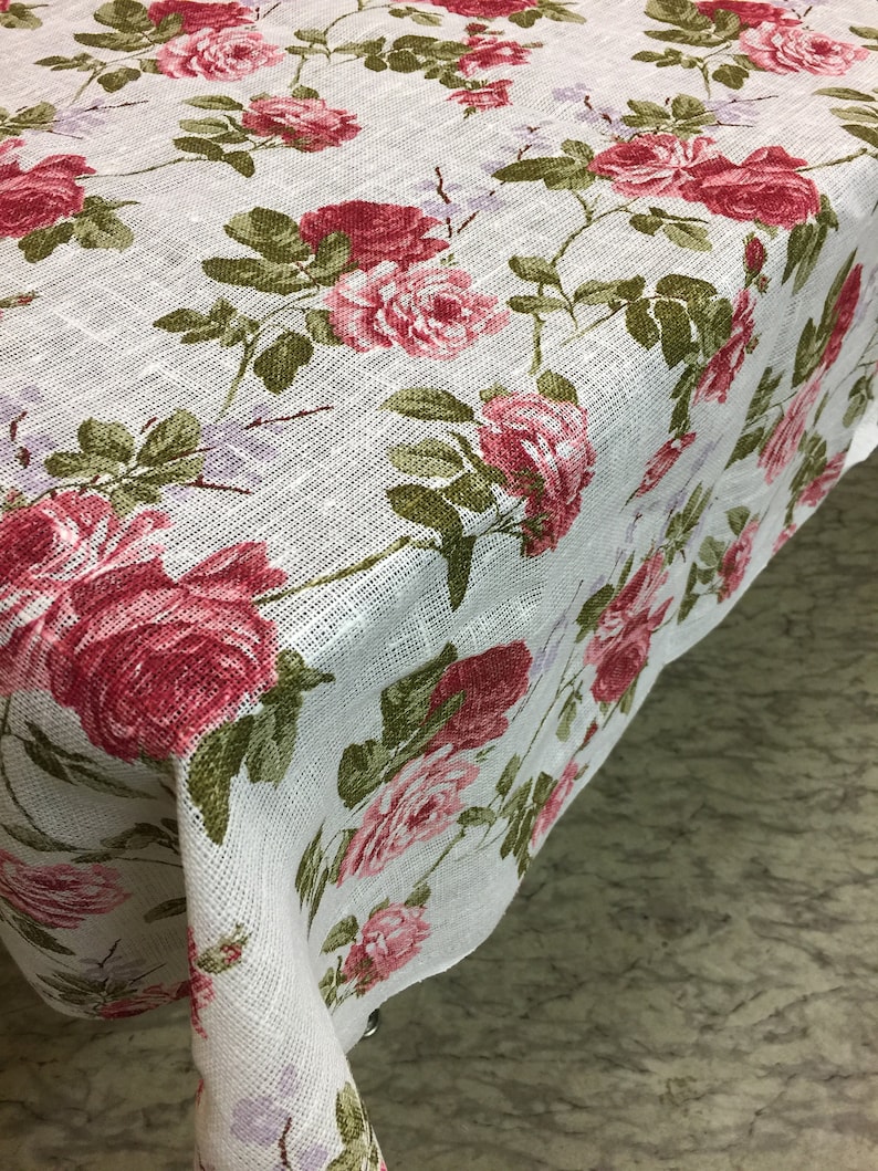 Linen Tablecloth Shabby Chic Roses Square Rectangle Tablecloth Etsy