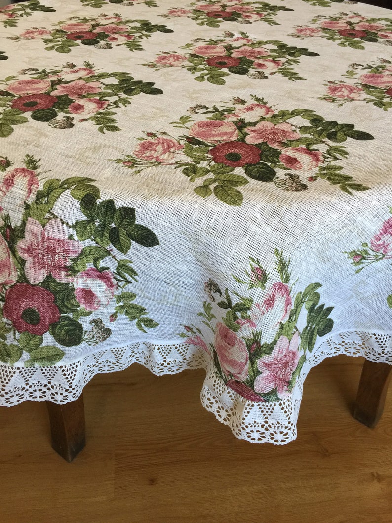 Round Linen Tablecloth With Linen Lace Floral Tablecloth Roses