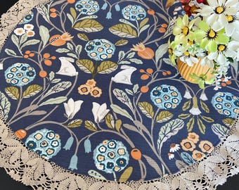 Tablecloth Round Table Linen Plants on White Cotton Fabric Table topper with grey linen lace Round table top 26 inches