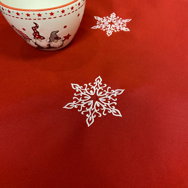 Christmas Table Runner Embroidered White Snowflakes  Red Cotton Table Linen 58 inches