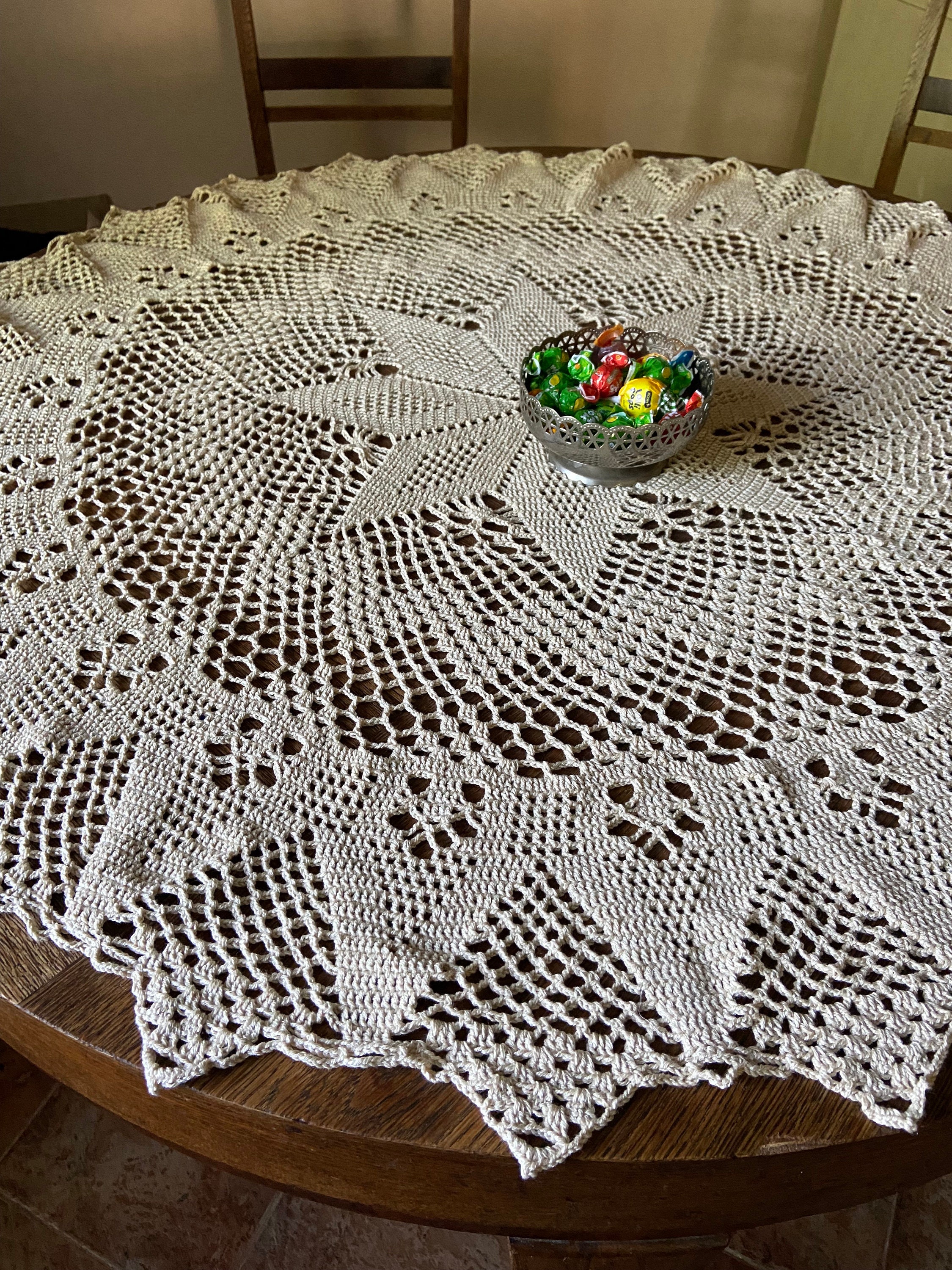 Beige Baumwolle Vintage Zoll Deckchen kleine Tischdecke Style gehäkelte 45 runde