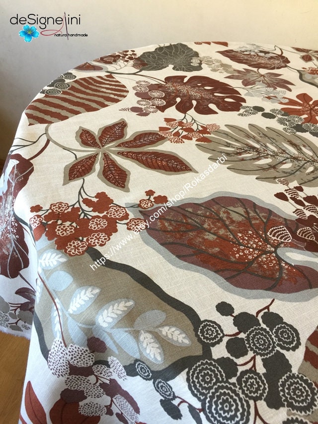 Round Tablecloth Oval Cotton Tablecloth Botanical Leaves Brown Etsy