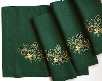 Juego de manteles individuales de lino de 4 manteles individuales de tela de mesa de lino bordado verde regalo de Navidad